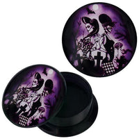 Load image into Gallery viewer, The Schraub Plug Acryl Zombie Frauen Friedhof lila schwarz Piercing Ohrschmuck features a circular plug with Gothic art of two zombie women on a graveyard scene in purple and black, with graves, crosses, trees, and a bat.
