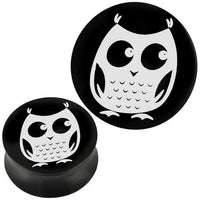 Load image into Gallery viewer, Plug Acryl weiße Eule blickt seitlich schwarz Piercing Ohrschmuck
