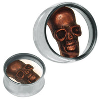 Cargar imagen en el visor de la galería, Plug Tunnel silbern Edelstahl kupferfarben Metall Skull Acryl transparent Piercing
