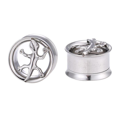Edelstahl Tunnel Plug Schraubplug dünn silbern Eidechse Gecko double flared