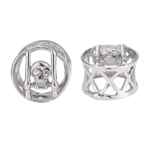 Edelstahl Tunnel Plug dünn silber Farben Totenkopf Schädel Gitter Augen Zirkonia Steine