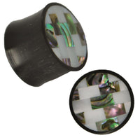 Cargar imagen en el visor de la galería, Plug weiß bunt Horn Rechtecke Linien Paua Abalone Perlmutt Tribal schwarz Expander
