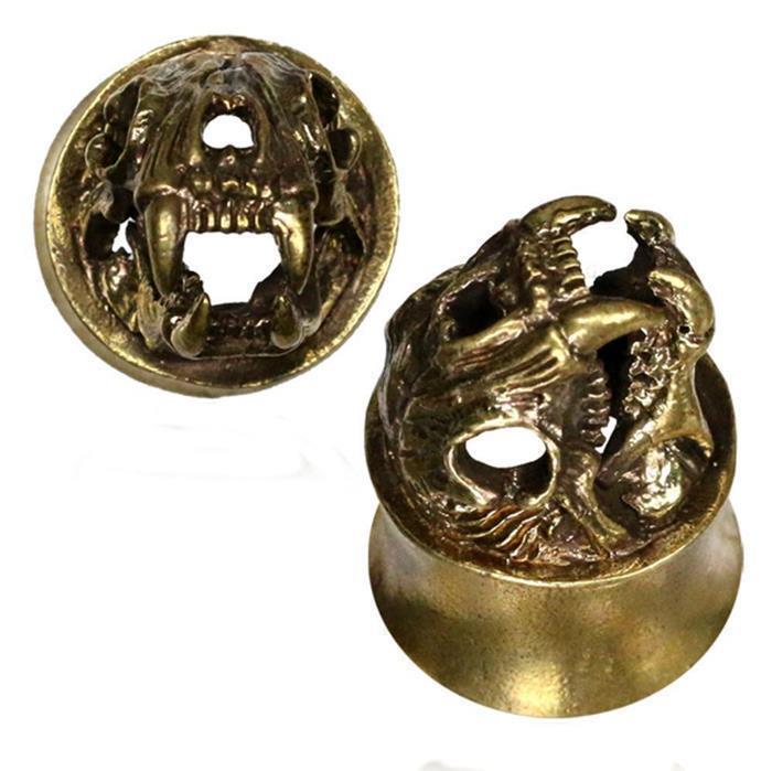 Brass Messing Plug Tunnel 3D Bearskull Bärenkopf Schädel Skelett golden