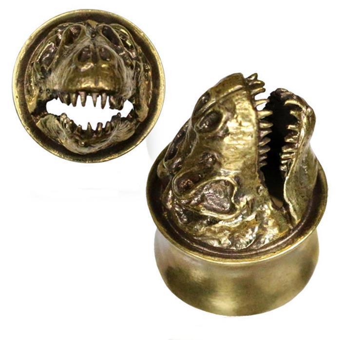 Brass Messing Plug Tunnel 3D T-Rex skull Schädel Dinosaurier Skelett golden