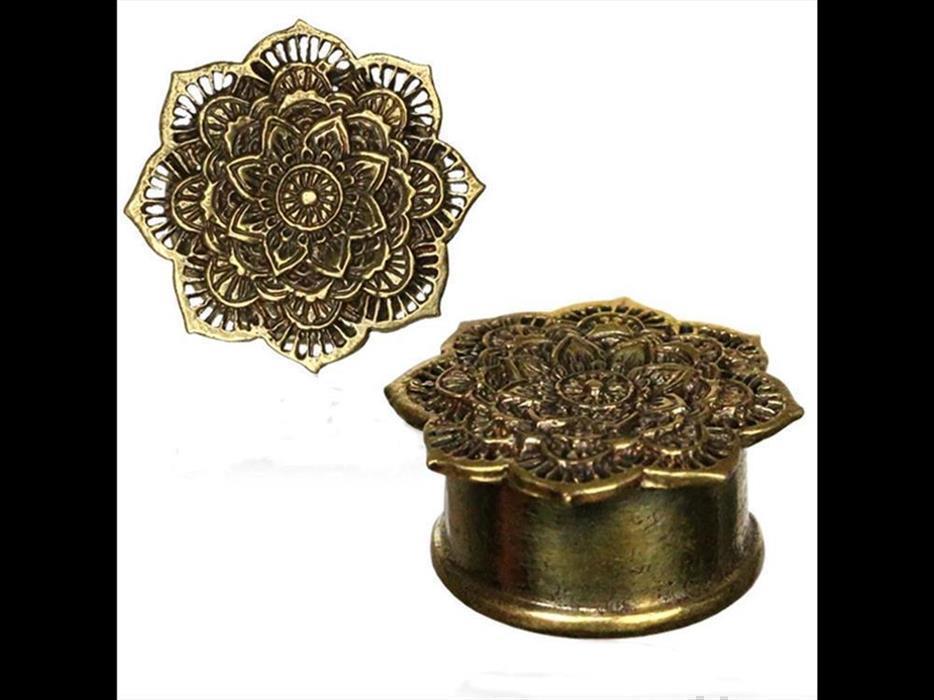 Brass Tunnel Plug Mandala Blume 3D Effekt antik golden Messing Expander Schmuck