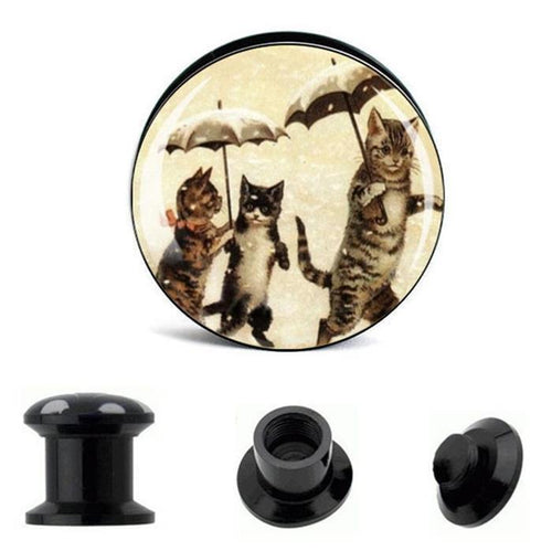 Circular pin with an illustration of three upright cats, two holding umbrellas, on a light background. Includes three parts of the Schraub Plug Acryl Retro Katzen Regenschirme Tunnel Expander Piercing Ohrschmuck.