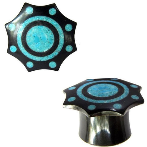 Horn Plug schwarz Inlay in türkis Tribal Buffalo handgeschnitzt Tunnel, Ohrstecker