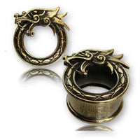 Load image into Gallery viewer, Two metallic plugs styled as Midgard Viking world serpent, with intricate carvings and a shiny antique gold brass tunnel finish—a striking piece for fans of the Brass Tunnel Midgard Viking Weltenschlange antik gold.
