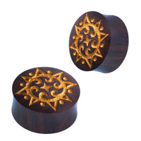 Load image into Gallery viewer, Plug Holz dunkelbraun Lasergravur gold Punkte Spiralen Sonne

