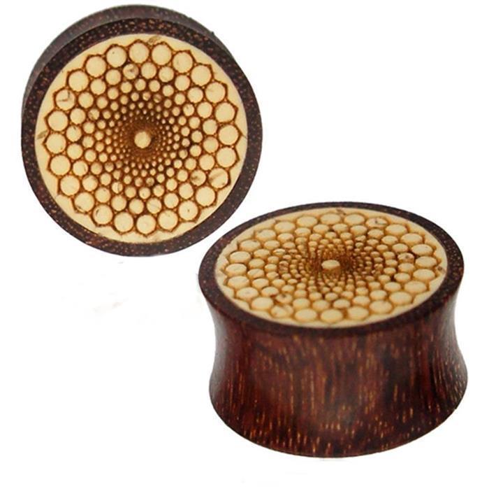 Plug Holz dunkelbraun Tamarinde Maserung Muster Kreise gebrannt helles Inlay Piercing