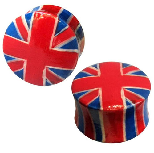 These Holz Plug Union Jack Flagge rot blau weiß Teakholz Ohrstecker feature a glossy Union Jack design in red, blue, and white—perfect unisex Ohrschmuck for a bold and stylish look.