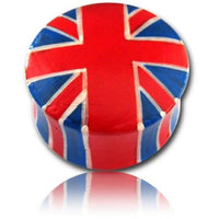 Load image into Gallery viewer, A round teak wood ear plug features the Union Jack flag in red, blue, and white on top and sides with a glossy finish—perfect as unisex Ohrschmuck. Reflection of the Holz Plug Union Jack Flagge rot blau weiß is visible below.
