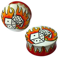 Load image into Gallery viewer, The Holz Plug Würfel Flammen rot weiß features two white Teakholz plugs with dice and red flame designs on the front and edges, making these unisex tunnel earrings a bold addition to your ear jewelry collection.
