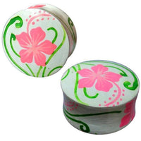 Load image into Gallery viewer, Holz Plug Hawaii Blume rosa grün Tunnel Ohrschmuck Teakholz Handverarbeitet Ohrstecker Ohrringe
