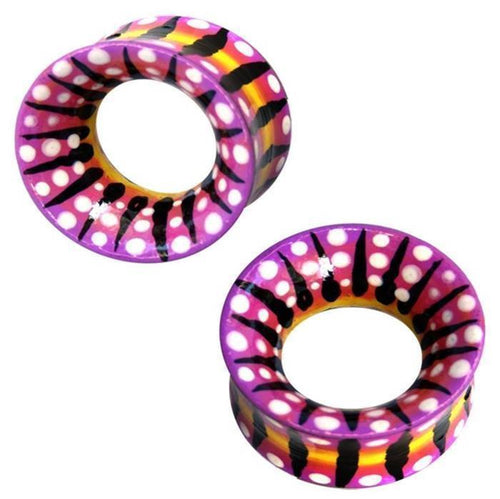 These colorful Tribal Holz Schmuck Teakholz Tunnel Plugs feature pink, purple, yellow designs with white dots and black stripes—perfect unisex Ohrstecker Ohrringe for bold style.