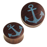 Load image into Gallery viewer, Holz Plug Anker crushed Türkis Stein Inlay blau Sonoholz dunkelbraun
