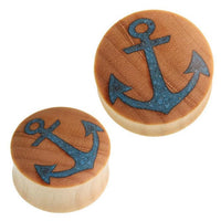 Load image into Gallery viewer, Holz Plug Anker crushed Türkis Stein Inlay blau hell Krokodilholz
