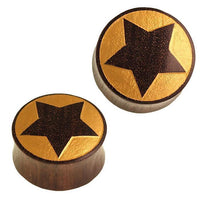 Load image into Gallery viewer, Holz Plug Stern golden Gravur Sonoholz dunkelbraun Rand
