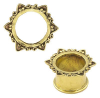 Load image into Gallery viewer, Two ornate, antique gold Brass Tunnel Spitzbögen Punkte plugs made of nickel-free brass, featuring a decorative beaded edge, are shown from top and side views on a white background.
