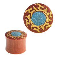 Load image into Gallery viewer, Plug Sawoholz golden Flammen crushed Türkis Stein Inlay double flared Handarbeit
