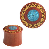 Load image into Gallery viewer, Plug Sawoholz crushed Türkis Stein Inlay Blume golden double flared Handarbeit
