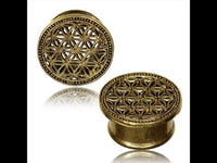 Load image into Gallery viewer, Brass Plug Lebensblume antik golden Punkterand Tunnel Organic Messing
