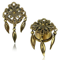 Load image into Gallery viewer, Brass Plug Kreuz Mandel Anhänger antik golden Tunnel Organic Messing
