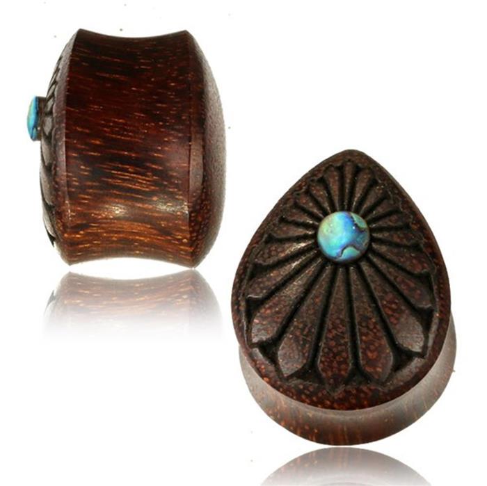 Plug Paua Träne Abalone Muschel Blume Tamarinde double flared Holz Holzplug