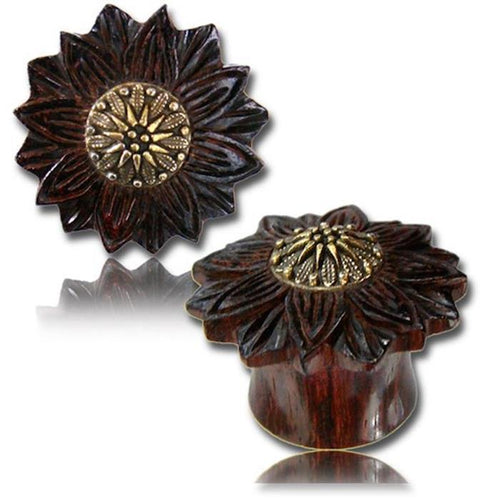 Tamarinden Holz Plug braun Brass Inlay Blume antik golden Stern Punkte Tribal Expander Tunnel