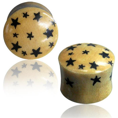 Wooden plug, light stars, hand-painted black tunnel, organic earring stud earrings.
