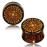 Load image into Gallery viewer, Plug Tamarindenholz griechisch Sonne Ornament Spiralen Inlay double flared flach
