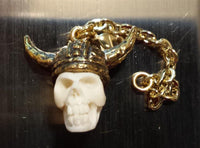 Cargar imagen en el visor de la galería, Flesh Tunnel Anhänger antik golden Messing Kette Karabiner Bone Viking Skull
