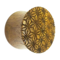 Load image into Gallery viewer, Flesh Plug Teakholz Stern Blume des Lebens double flared Lobe Dehner braun Gravur
