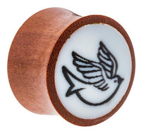 Load image into Gallery viewer, Organic Holz Plug braun weißes Inlay schwarze Taube Tribal
