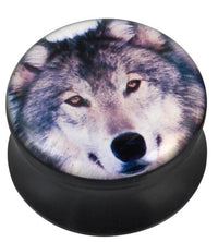 Load image into Gallery viewer, Plug Acryl weiß grauer Wolf Kopf schwarz Piercing Ohrschmuck
