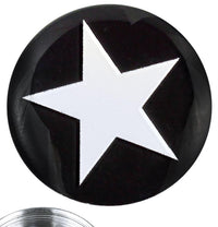 Load image into Gallery viewer, A silvery Schraub Plug Tunnel made of stainless steel with a black acrylic front, featuring a large white star. The bottom edge is partially cut off, revealing the sleek metal surface beneath.
