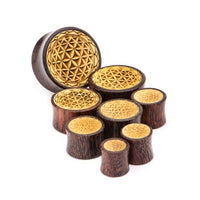 Load image into Gallery viewer, Plug Holz Tamarinde Krokodilholz Blume des Lebens Zacken Rand
