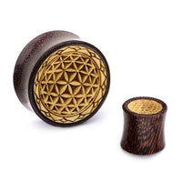 Load image into Gallery viewer, Plug Holz Tamarinde Krokodilholz Blume des Lebens Zacken Rand
