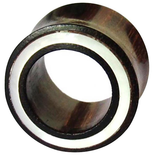 Close-up view of the Holz Flesh Tunnel Perlmutt Inlay weiß Plug in dark brown, highlighting its white inlay, hollow center, and reflective surface reminiscent of high-quality jewelry craftsmanship.