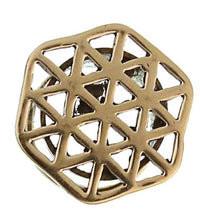 Load image into Gallery viewer, The Messing Wabe Dreiecke antik gold ribbed Flesh Tunnel features a gold-colored, hexagonal lattice design with a hollow center, making it a stylish, tribal-inspired accessory for those wanting an antique gold piercing look.
