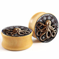 Load image into Gallery viewer, Holz Plug Oktopus Krake Bild beige hell double flared
