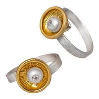 Load image into Gallery viewer, Ringe vergoldet Perle 925 Silber matt verstellbar Zirkonia Kelch Goldschmiedearbeit
