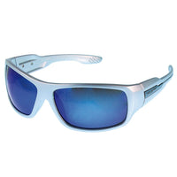 Cargar imagen en el visor de la galería, The Sonnenbrille Herren Sportbrille Fahrradbrille eckig 400UV stabil Rahmen features a sleek silver wraparound design with thick frames, blue mirrored lenses, and full UV 400 protection. Displayed at an angle on a white background.
