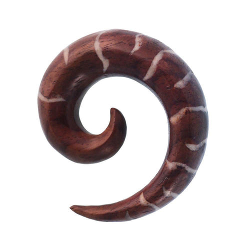 Tribal Holz Pircing Expander, braune Spirale mit weißem Boneinlay, aus Tamarindholz, 10mm, Plug, Tunnel, Ohrhänger, Ohrstecker