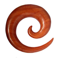 Load image into Gallery viewer, The Rosenholz Dehnschnecke Spirale Ohr Piercing rotbraun is a smooth, polished organic ear taper in natural reddish-brown, narrowing to a point on one end and curving into a rounded spiral on the other.
