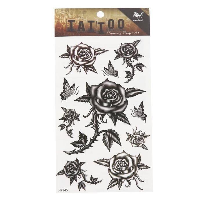 Tattoo schwarz weiß Rosen Blüten Schmetterlinge detailliert temporär Klebetattoos