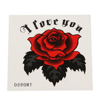 Cargar imagen en el visor de la galería, Klebetattoo temporär Rose Blüte rot Blätter schwarz Spruch I love you 1 Bogen
