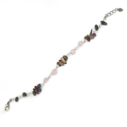 Stone chip bracelet bundle, green and colorful stone beads, pink, nickel-free, metal clasp, 19cm-22cm