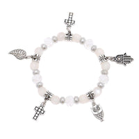 Load image into Gallery viewer, Brass Charm Armband silbern weiß Kristall Stein Perlen Kreuz Khamsa Blatt verstellbar

