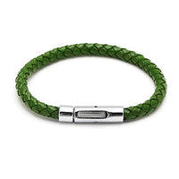 Load image into Gallery viewer, A round green braided Lederarmband from &quot;Lederarmbänder rund geflochten Farben Armband Leder Knopfverschluss unisex nickelfrei&quot; with a shiny silver stainless steel Knopfverschluss, shown on a white background.
